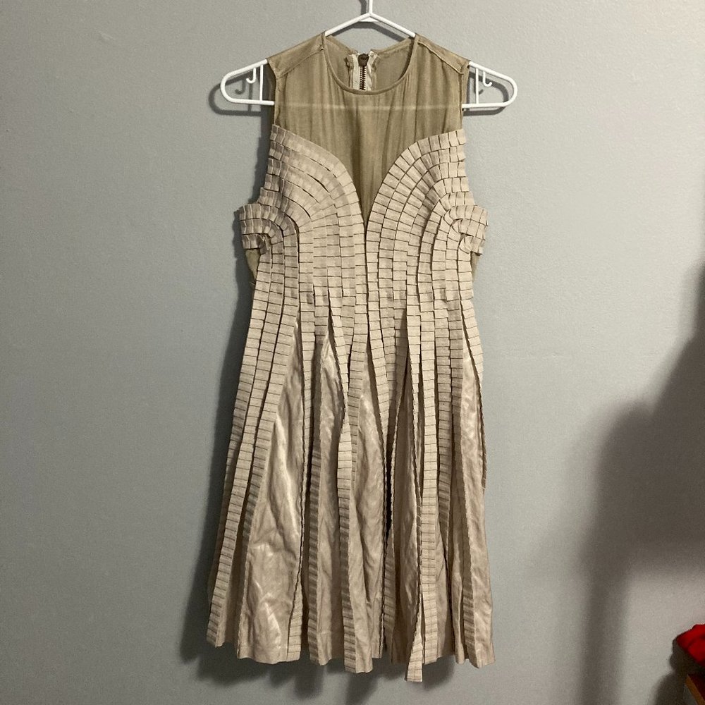 Stella McCartney Silk Blend Dress Cream Ivory Gold Pleated Fit Flare Size 40